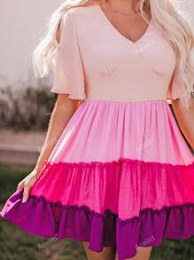 Colorblock Split Sleeve Ruffle Hem Dress