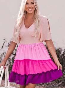 Colorblock Split Sleeve Ruffle Hem Dress