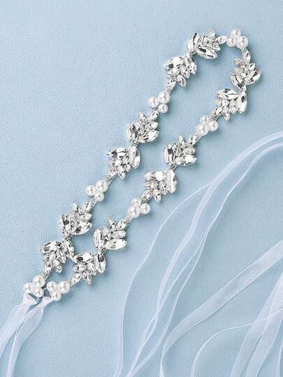 1pc Women Faux Pearl & Rhinestone Decor Glamorous Bride Belt For Wedding Party Royal Halloween