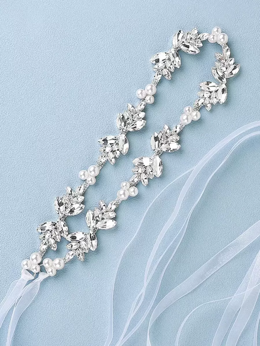 1件装女士仿珍珠水钻装饰华丽新娘腰带，适合婚礼派对和情人节等场合。
