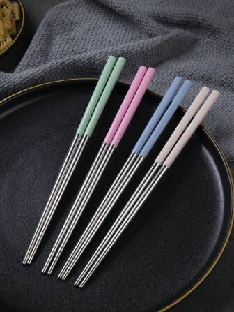 4pairs/set Stainless Steel Chopsticks, Color Block Chopsticks For Dining