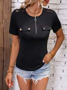 SHEIN LUNE Áo thun nữ Tương phản ren Dây kéo màu trơn Giải trí - màu đen - Xem 3