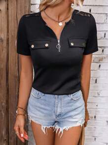 SHEIN LUNE Áo thun nữ Tương phản ren Dây kéo màu trơn Giải trí - màu đen - Xem 4