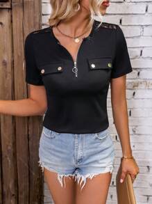 SHEIN LUNE Áo thun nữ Tương phản ren Dây kéo màu trơn Giải trí - màu đen - Xem 6