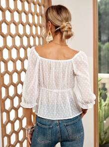 SHEIN LUNE Swiss Dot Off Shoulder Frill Trim Peplum Blouse - White - View 2