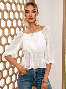 SHEIN LUNE Swiss Dot Off Shoulder Frill Trim Peplum Blouse - White - View 3