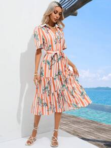 SHEIN VCAY Striped & Floral Print Puff Sleeve Ruffle Hem Belted Shirt Dress - Multicolor - View 1