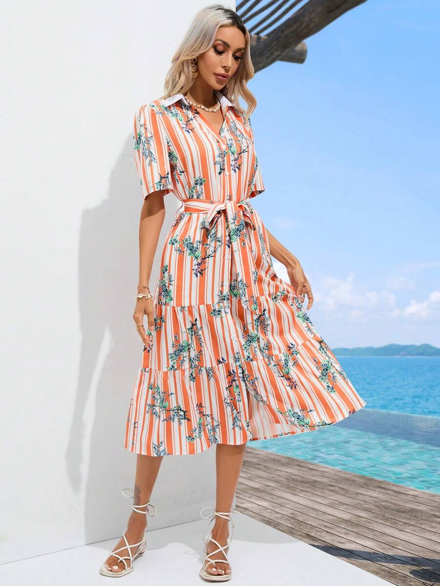 SHEIN VCAY Striped & Floral Print Puff Sleeve Ruffle Hem Belted Shirt Dress - Multicolor - View 1