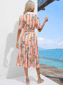 SHEIN VCAY Striped & Floral Print Puff Sleeve Ruffle Hem Belted Shirt Dress - Multicolor - View 2