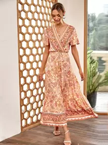 SHEIN VCAY Vestido con estampado floral de cuello cruzado bajo con fruncido - Multicolor - Ver 1