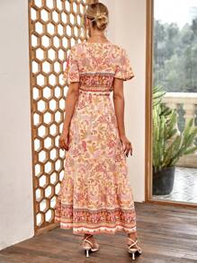 SHEIN VCAY Vestido con estampado floral de cuello cruzado bajo con fruncido - Multicolor - Ver 2