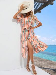 SHEIN VCAY Striped & Floral Print Puff Sleeve Ruffle Hem Belted Shirt Dress - Multicolor - View 5