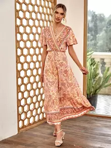 SHEIN VCAY Vestido con estampado floral de cuello cruzado bajo con fruncido - Multicolor - Ver 3