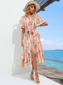 SHEIN VCAY Striped & Floral Print Puff Sleeve Ruffle Hem Belted Shirt Dress - Multicolor - View 6