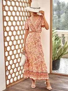 SHEIN VCAY Vestido con estampado floral de cuello cruzado bajo con fruncido - Multicolor - Ver 4