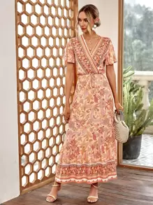 SHEIN VCAY Vestido con estampado floral de cuello cruzado bajo con fruncido - Multicolor - Ver 6