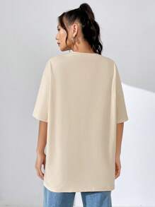 SHEIN EZwear 字母熱帶圖案落肩袖超大號T恤 - 杏色 - 查看 2