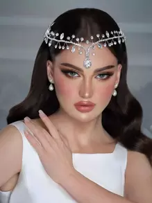 1 pieza Cadena de cabeza de novia con banda para el cabello con dije de pedrería, decoración de frente con accesorios para el cabello, adecuada para bodas, banquetes, fiestas de cumpleaños y tiaras reales - Plateado - Ver 1