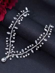 1 pieza Cadena de cabeza de novia con banda para el cabello con dije de pedrería, decoración de frente con accesorios para el cabello, adecuada para bodas, banquetes, fiestas de cumpleaños y tiaras reales - Plateado - Ver 2