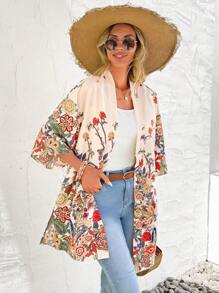 SHEIN VCAY Kimono con estampado floral de hombros caídos - Multicolor - Ver 1