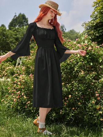 Fairycore Square Neck Flounce Sleeve Ruched Bust Dress