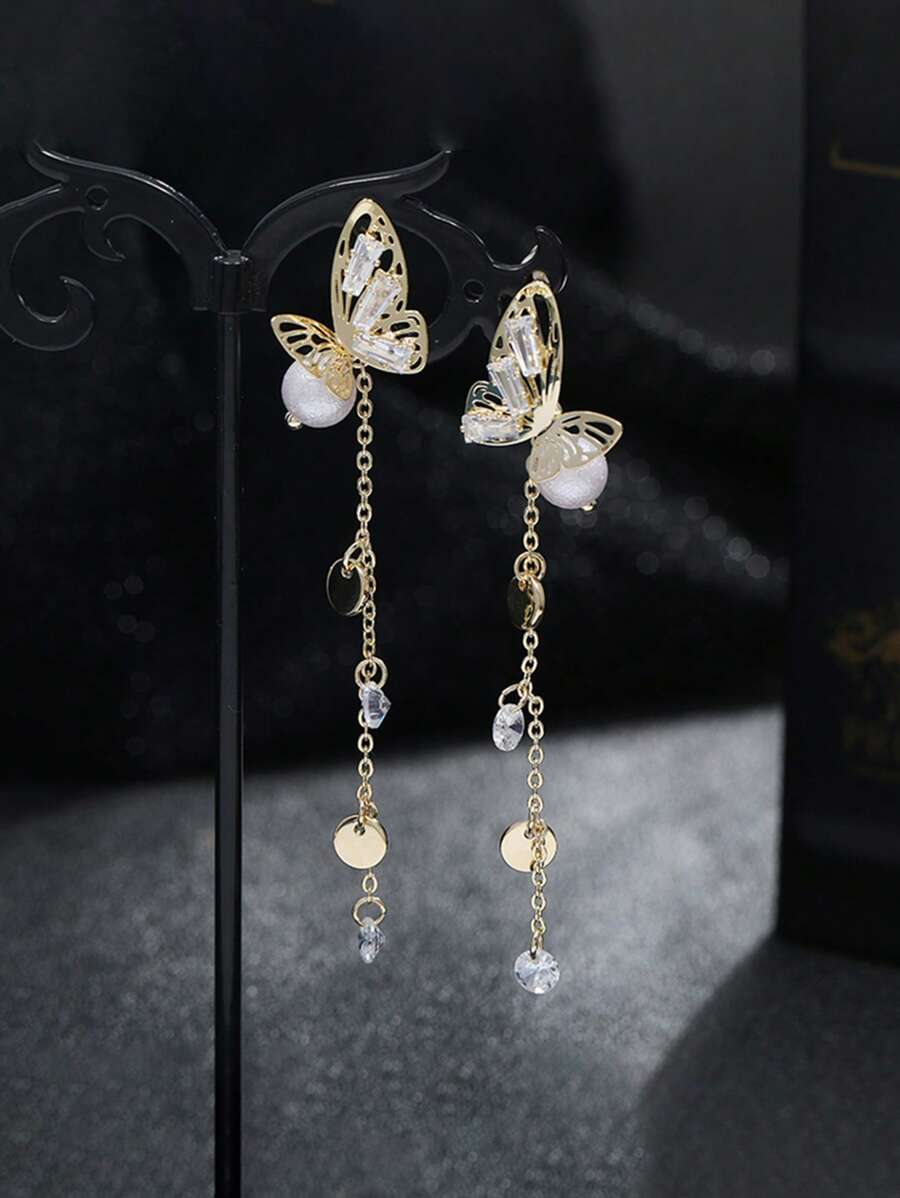 1雙金屬質感流蘇蝴蝶水晶吊墜耳環適用於女士日常約會 - 金黃色 - 查看 1