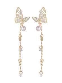 1雙金屬質感流蘇蝴蝶水晶吊墜耳環適用於女士日常約會 - 金黃色 - 查看 3