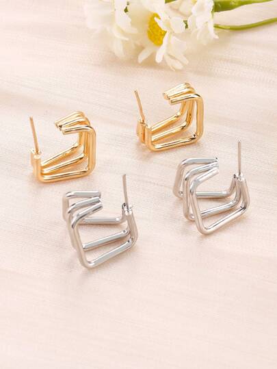 2pairs/set Fashionable Triple Layer Square Hollow Out Earrings For Women's Jewelry