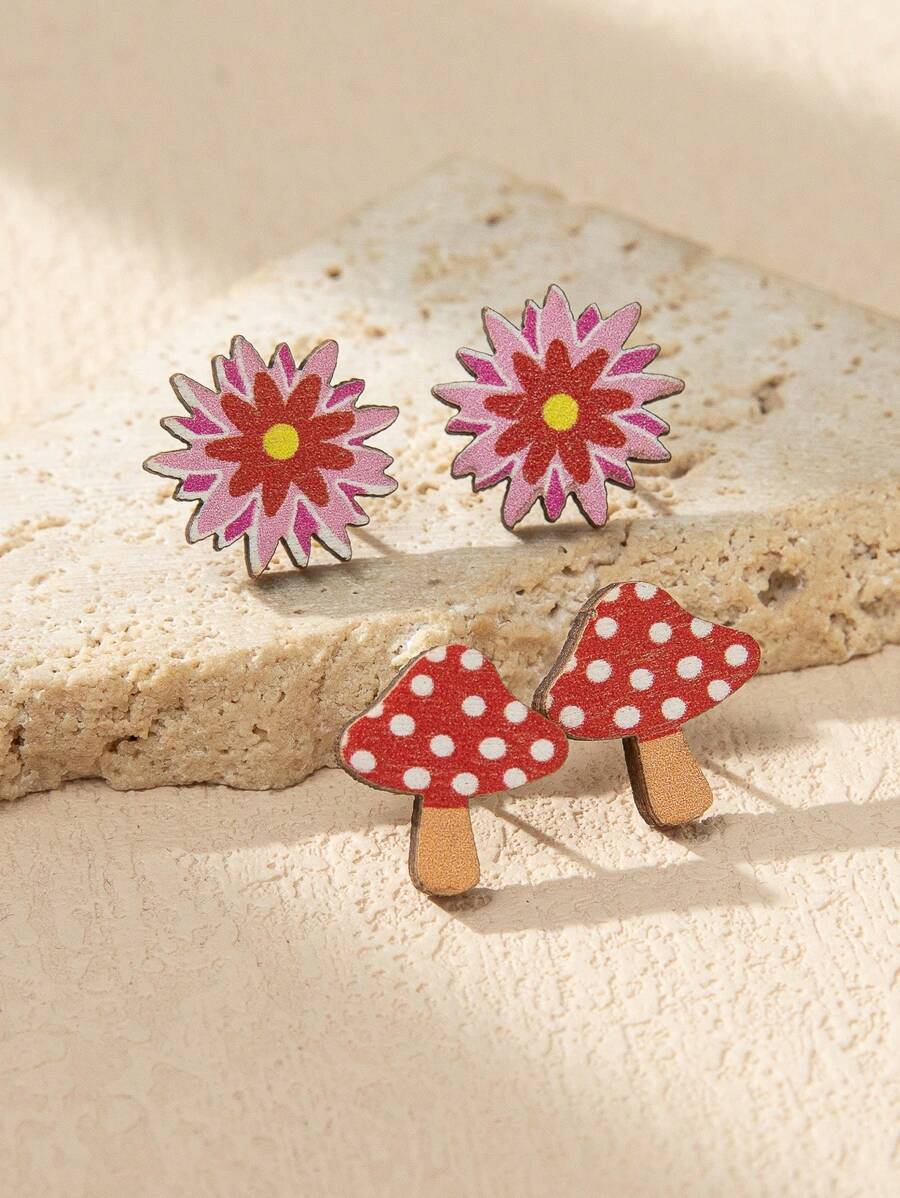 2對/套木花蘑菇形可愛耳釘春夏款女式 - 彩色 - 查看 1