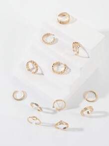 12 Cái/bộ Thời Trang Hợp Kim Kẽm Hoa & Kim Cương Giả Trang Trí Khoét Hở Ngón Nhẫn Cho Nữ Trang Trí Hàng Ngày - Vàng - Xem 2