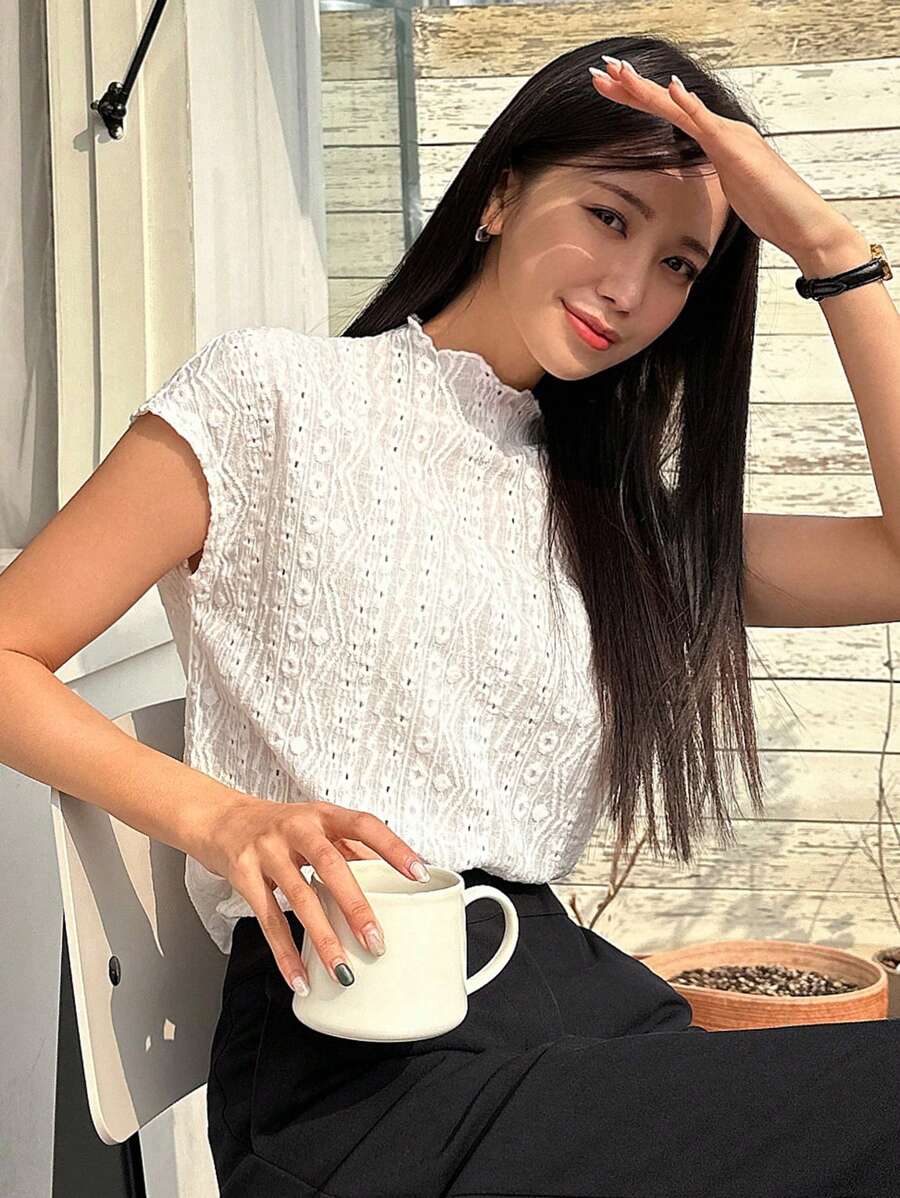 DAZY Solid Lettuce Trim Mock Neck Batwing Sleeve Tee - Beige - View 1