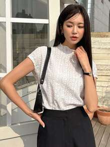 DAZY Solid Lettuce Trim Mock Neck Batwing Sleeve Tee - Beige - View 4