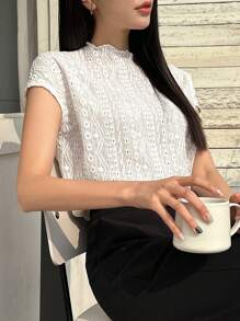 DAZY Solid Lettuce Trim Mock Neck Batwing Sleeve Tee - Beige - View 7