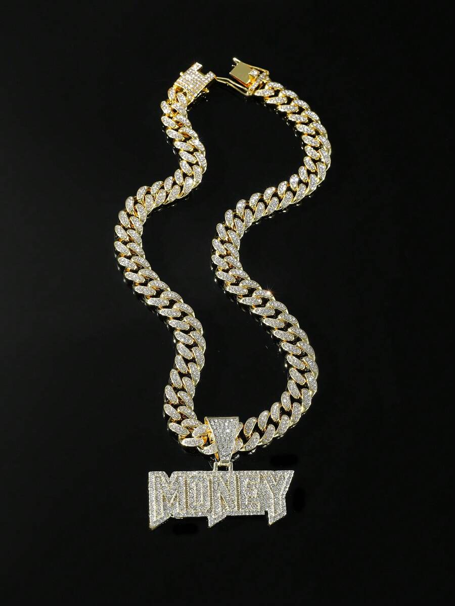 1入組男士嘻哈風格個性化禮品鏈全包覆水鑽英文單詞MONEY吊墜項鍊 - 金黃色 - 查看 1