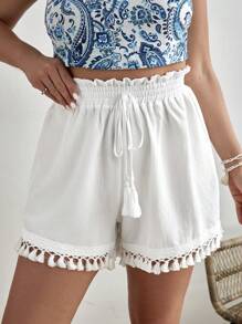 SHEIN VCAY 大碼流蘇邊前繫帶紙袋腰短褲 - 白色 - 查看 1