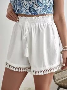 SHEIN VCAY 大碼流蘇邊前繫帶紙袋腰短褲 - 白色 - 查看 4