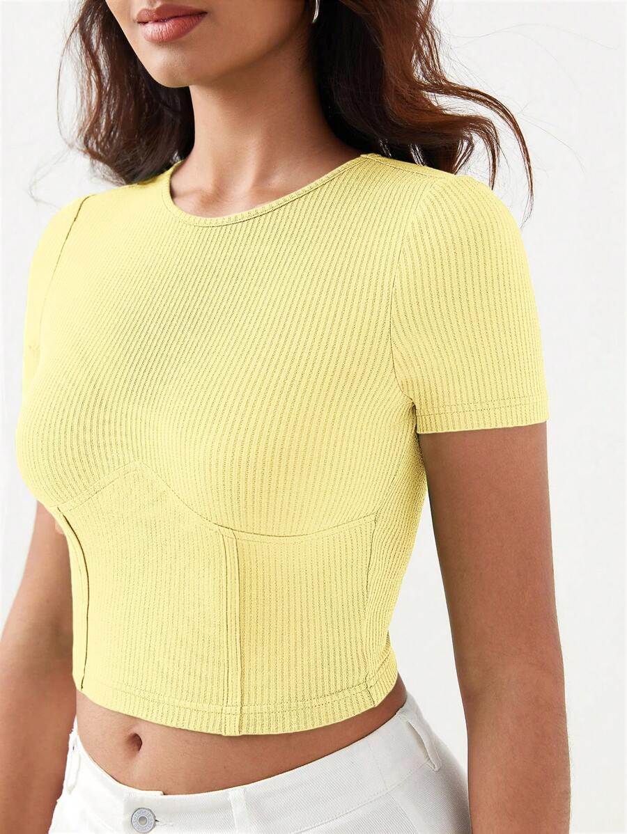 BizChic Chất rắn Đồ đan Ribbed Áo phông Crop Trang phục làm việc - Màu vàng - Xem 1