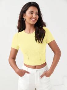 BizChic Chất rắn Đồ đan Ribbed Áo phông Crop Trang phục làm việc - Màu vàng - Xem 2