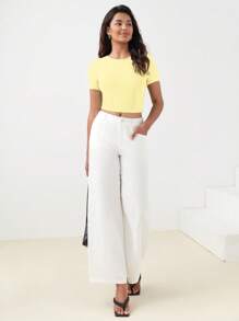 BizChic Chất rắn Đồ đan Ribbed Áo phông Crop Trang phục làm việc - Màu vàng - Xem 3
