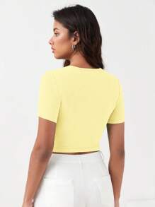 BizChic Chất rắn Đồ đan Ribbed Áo phông Crop Trang phục làm việc - Màu vàng - Xem 4