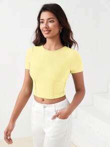 BizChic Chất rắn Đồ đan Ribbed Áo phông Crop Trang phục làm việc - Màu vàng - Xem 6
