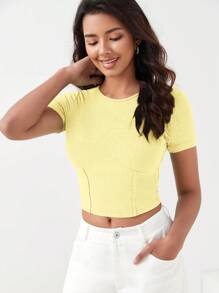 BizChic Chất rắn Đồ đan Ribbed Áo phông Crop Trang phục làm việc - Màu vàng - Xem 8