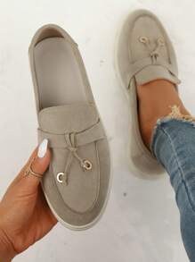 女性極簡風格金屬裝飾一腳蹬時尚戶外仿麂皮平底鞋 - 米色 - 查看 1