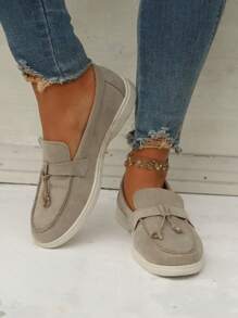 女性極簡風格金屬裝飾一腳蹬時尚戶外仿麂皮平底鞋 - 米色 - 查看 5