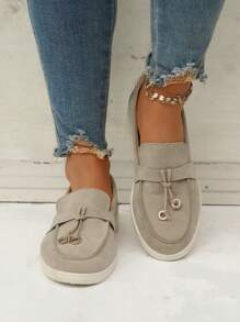 女性極簡風格金屬裝飾一腳蹬時尚戶外仿麂皮平底鞋 - 米色 - 查看 7