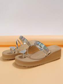 女士金屬質感水鑽裝飾夾腳坡跟度假夏天涼鞋 - 銀色 - 查看 5