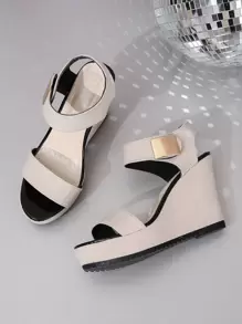 女士时尚舒适休闲圆头露趾白色绒面高跟鞋，带防滑厚底坡跟凉鞋，春夏穿搭 - 米色 - 查看 5