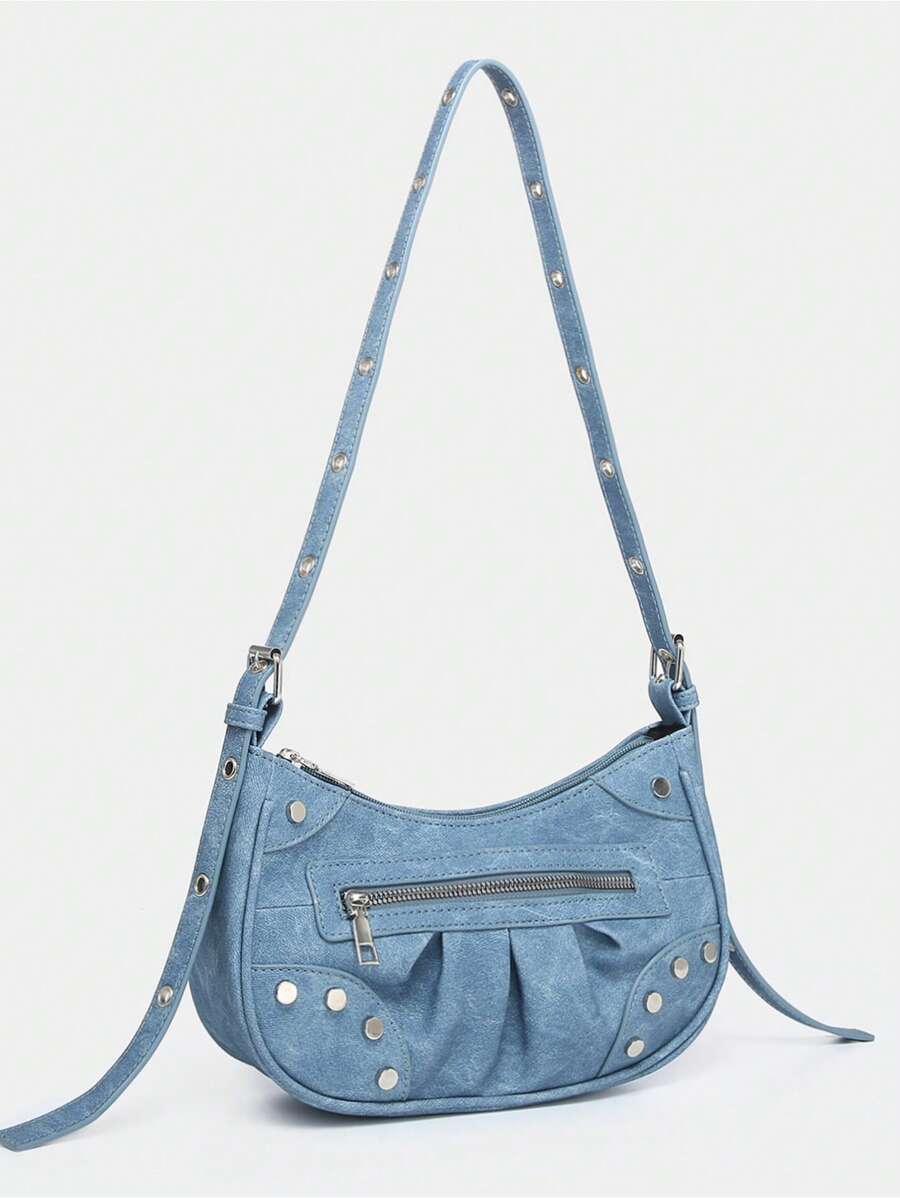 PU皮革流浪包鉚釘裝飾可調整肩帶