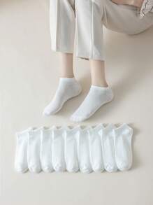 10pairs Solid Ankle Socks - White - View 1