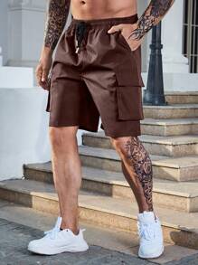 Manfinity LEGND Hombres Shorts con bolsillo lateral con solapa de cintura con cordón cargo - Marrón Chocolate - Ver 5